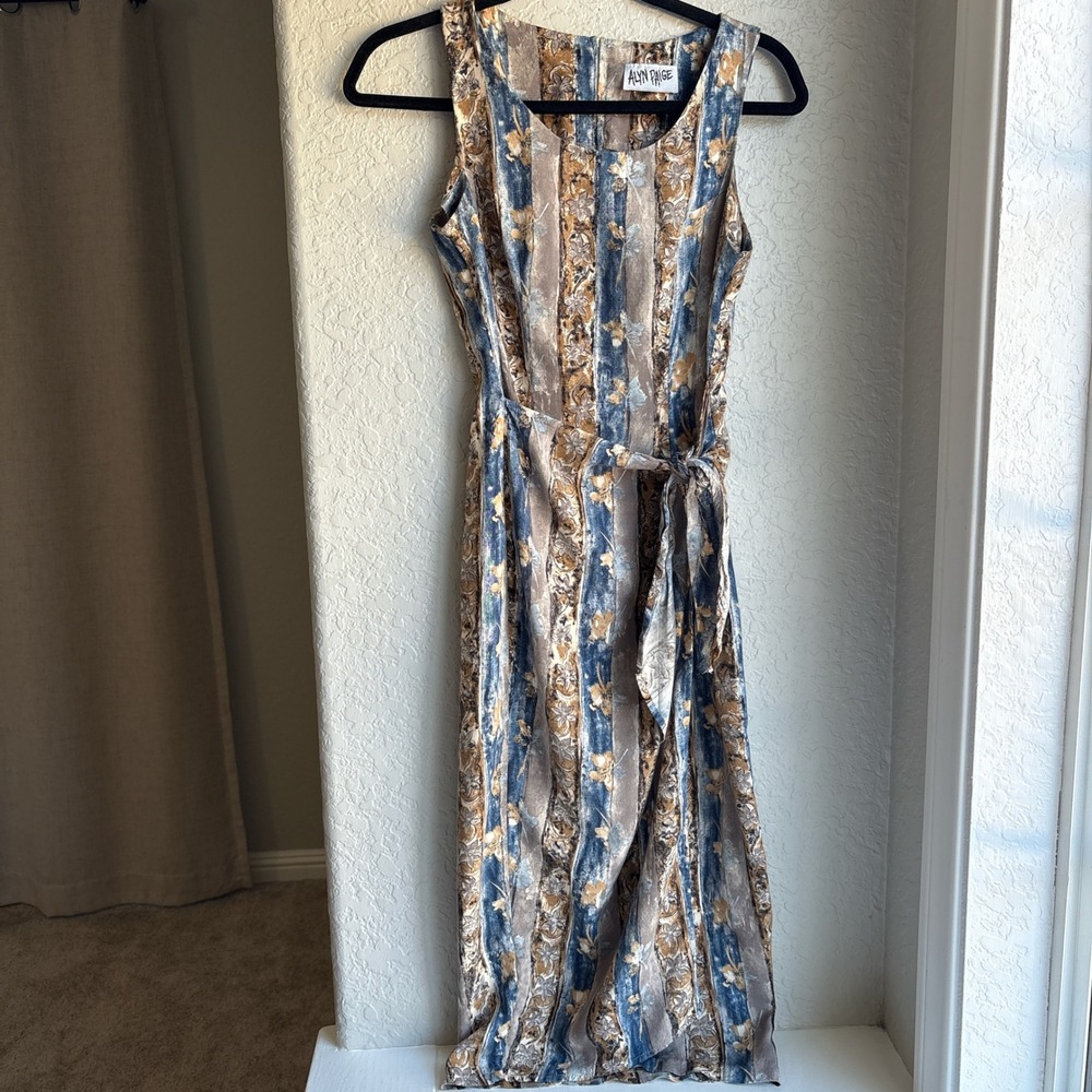Alyn Paige Vintage Women Dress Blue Brown Floral Stripe Rayon Boho Wrap Tie USA‎